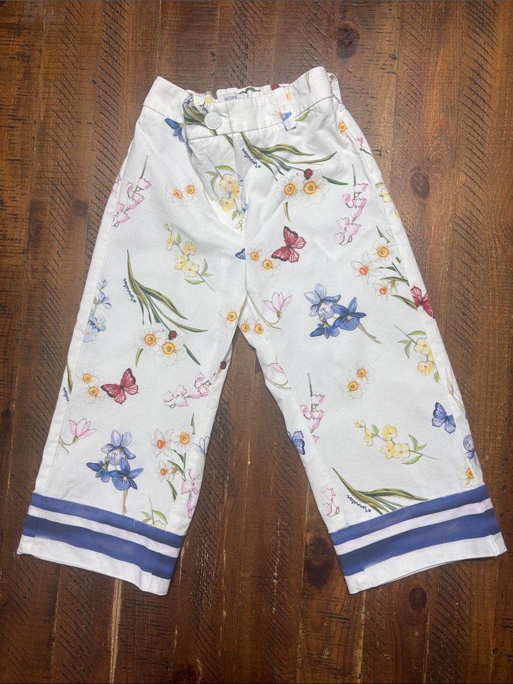 Monnalisa Made in Italy White Floral Girls Cutoff Wide Leg Pants Culottes Size 6